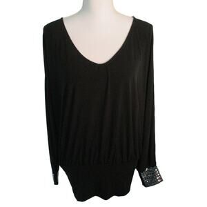 Moda International Women's Long Slit Sleeve Beaded Black Stretch Shirt Size Med.